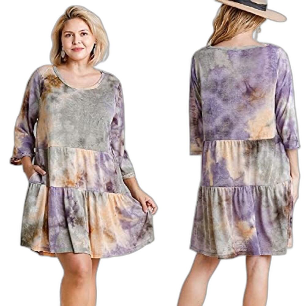 umgee + Dress Purple Multicolor 3/4 Sleeve Marble Tie Dye Tiered Knit 1XL